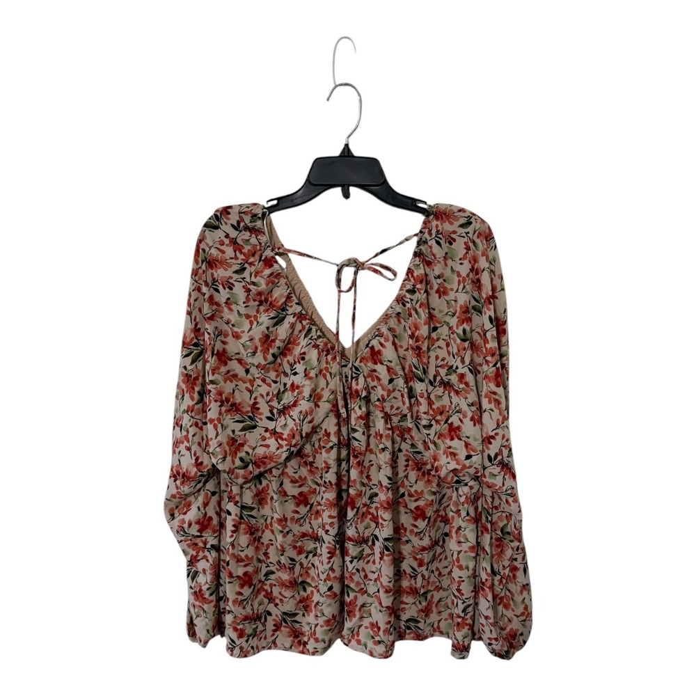 Heyson Floral V-Neck Tie Back Long Sleeve Blouse Tan Orange Green Large ET1683